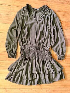 Olive Green Smocked Waist Peasant Dress